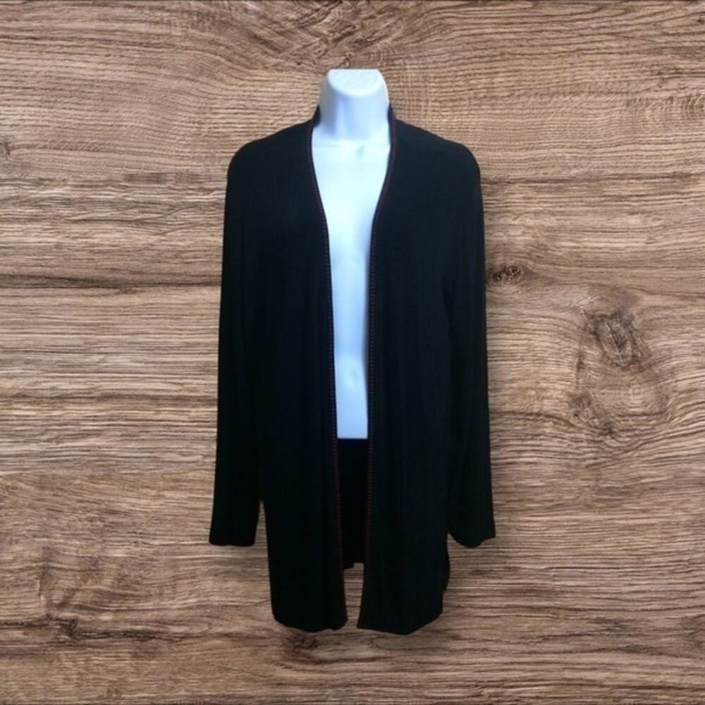 Chicos Travelers 1 medium  black liquid open cardigan red trim embroidery